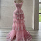 Pink Lace Elegant Applique Spaghetti Straps Long Slit Tiered Ball Gown Evening Dress Party Dress nv3246