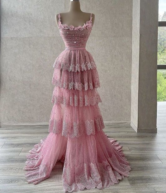 Pink Lace Elegant Applique Spaghetti Straps Long Slit Tiered Ball Gown Evening Dress Party Dress nv3246