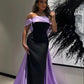 Black contrast purple ribbon long satin floor-length ball gown evening dress nv2739