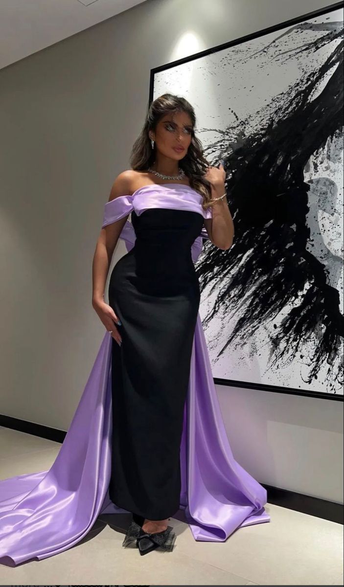 Black contrast purple ribbon long satin floor-length ball gown evening dress nv2739