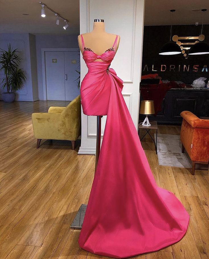 Pink Fashion Spaghetti Straps Rhinestone Heart-Shaped Neck Long and Short Sexy Elegant Trailing Ball Gown Evening Dress nv3278