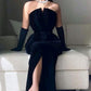 Black stylish sexy mermaid chic off-shoulder elegant dress up velvet long ball gown party dress evening gown with gloves nv2508