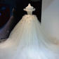 Ivory Off Shoulder Ball Gown 3D Floral Feather Beaded Tulle Wedding Dress  NV6965
