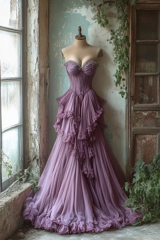 Purple Gorgeous Vintage Sweetheart Neck Beaded Long Tulle Layered Floor Length Ball Gown Evening Dress nv3356