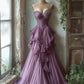 Purple Gorgeous Vintage Sweetheart Neck Beaded Long Tulle Layered Floor Length Ball Gown Evening Dress nv3356