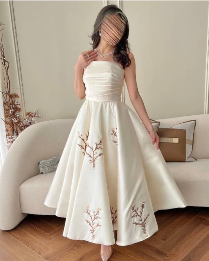 White tube top fashionable elegant satin mid-length embroidered ball gown evening dress nv3040