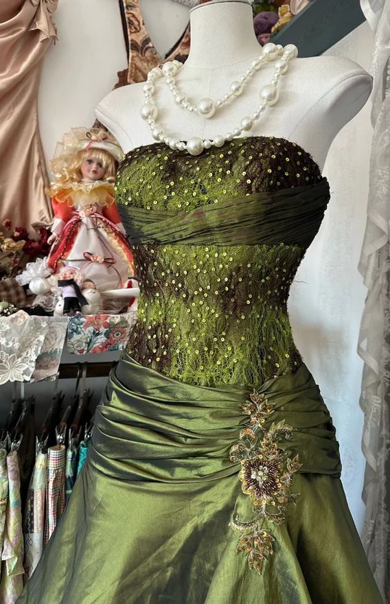 Robe de soirée sirène en satin vert olive, élégante et brillante, style vintage, en dentelle perlée, épaules dénudées, longue, en tulle, à paillettes, nv3820