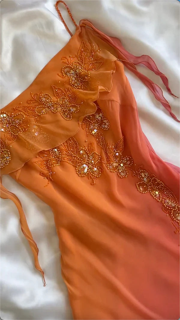 Orange Fashion Gradient Gorgeous Spaghetti Strap Beaded Long Chiffon Ball Gown Evening Dress Party Dress nv3664