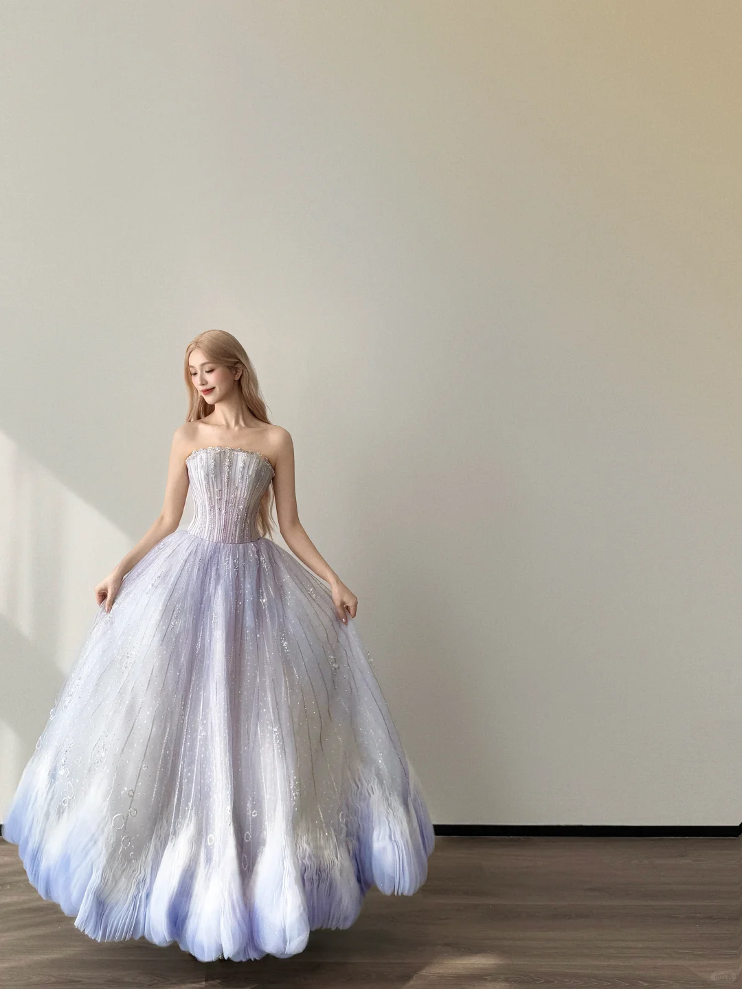 Strapless Ombre Purple Blue Prom Gown Boned Bodice Sparkle Tulle Cloud Hem A Line Evening Dress  NV7149