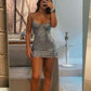 Robe de soirée courte à bretelles spaghetti argentées et paillettes nv2408