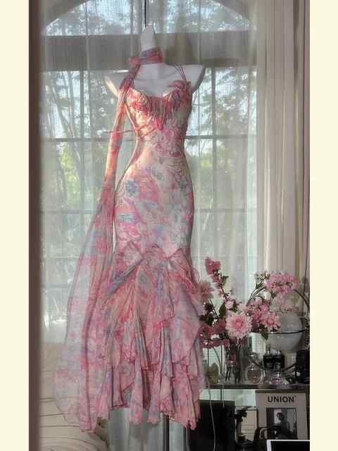 Elegant and romantic ruffled chiffon pink long prom dress nv5322