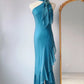 Blue lace up stylish elegant long ruffled slim ball gown evening dress party dress nv3019