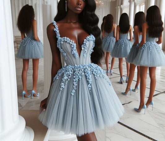 Blue delicate floral applique short tulle homecoming dress birthday party dress nv5066