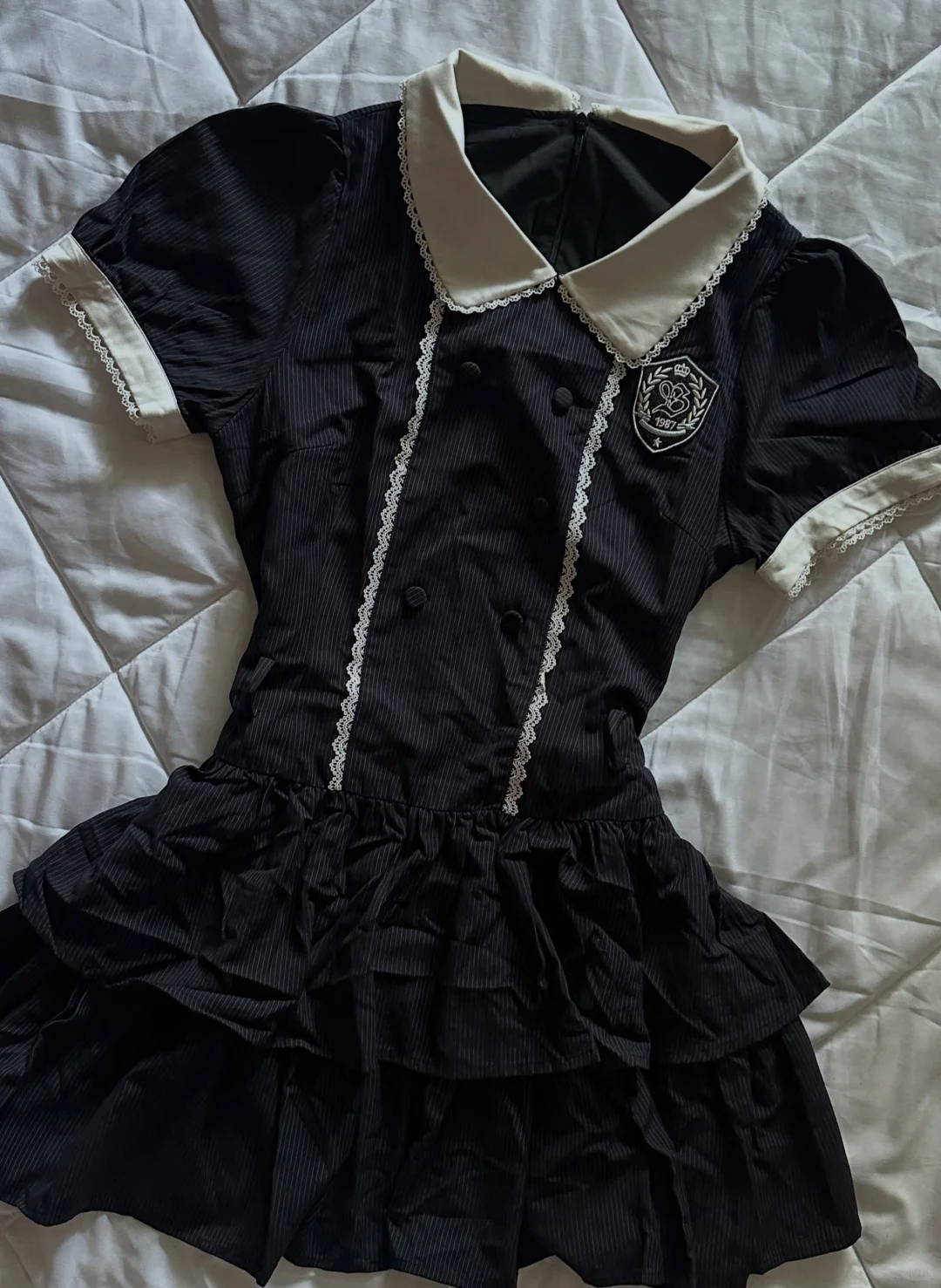 Black Striped Short Homecoming Dress White Peter Pan Collar Puff Sleeve Tiered Skirt Vintage Cocktail Gown  NV6928