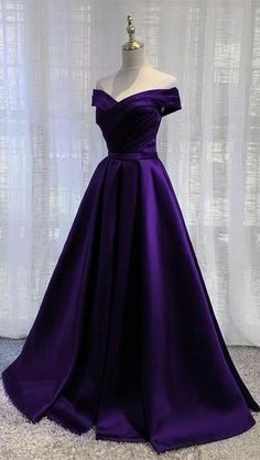 Simple A-line Off-shoulder Purple Satin Long Ball Gown Evening Dress nv3011