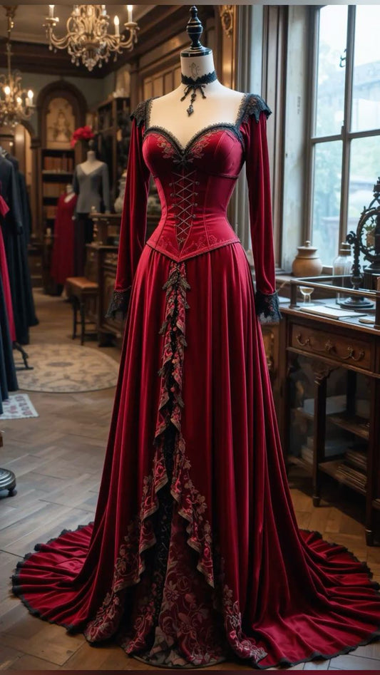NiceVestidos-Burgunderrotes, bodenlanges Gothic-Kleid aus Samt mit Spitzeneinsätzen und langen Ärmeln NV6190
