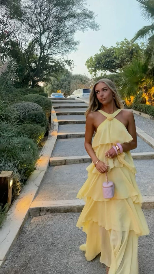 💛Gelbes Chiffon-Langballkleid mit Hosenträgern, NV5198