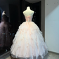 Dusty Pink Strapless Ball Gown Pleated Bodice Tiered Ruffle Tulle With Satin Bow Fairy Prom Dress  NV6938