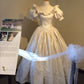 Robe longue de style princesse blanche de couleur unie à manches courtes et décolleté en dentelle robe de soirée longue nv2745