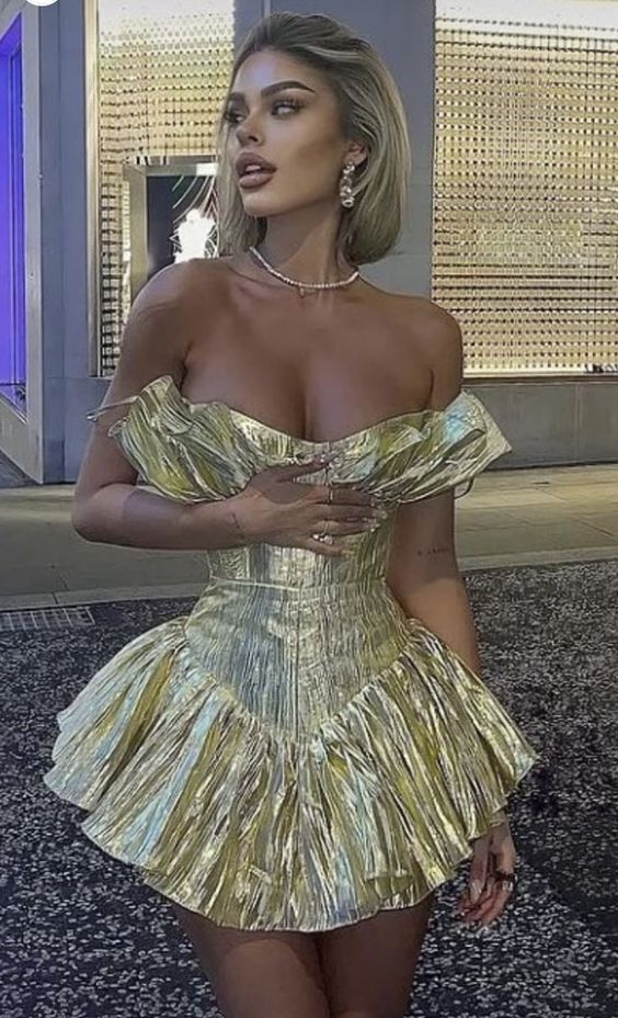 Gold Schlichtes ärmelloses modisches Plissee-Kurzballkleid Partykleid Homecoming-Kleid nv2174