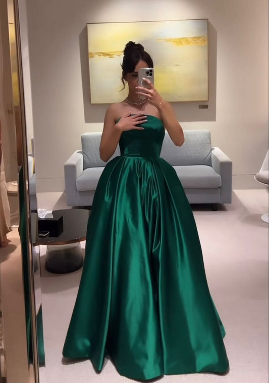 Green fashion elegant strapless off-shoulder satin long evening gown prom dress nv2548