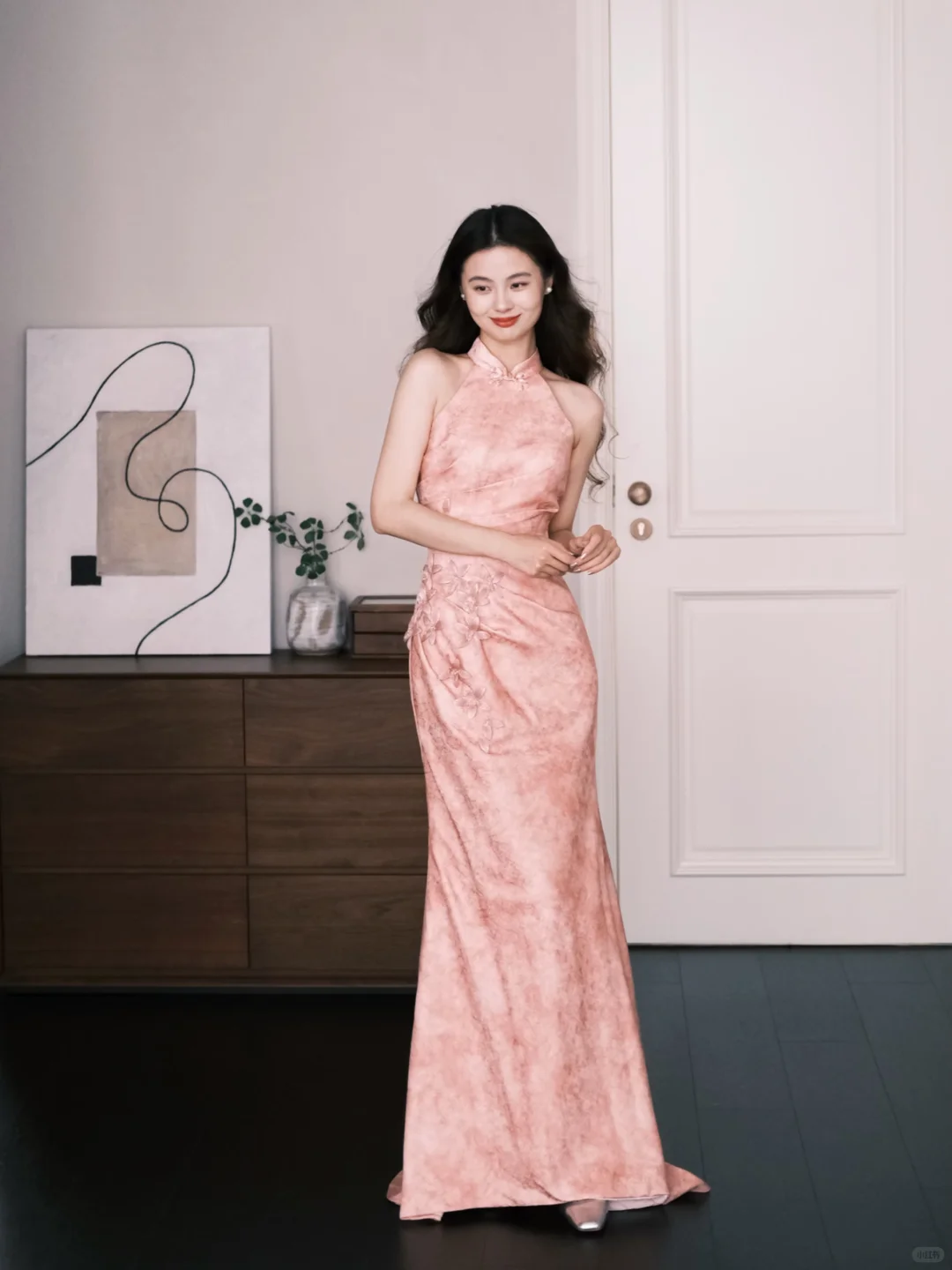 New Chinese Cheongsam Evening Dress Halter Pink 3D Floral Mermaid Gown  NV7250