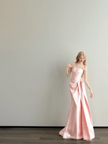 Blush Pink Strapless Prom Gown Satin Ruched Side Drape Mermaid Long Evening Dress  NV7159
