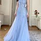 Robe de soirée longue en tulle bleu, élégante et raffinée, brodée, bretelles spaghetti, épaules dénudées, longueur au sol, robe de bal, robe de soirée, robe de soirée nv3716