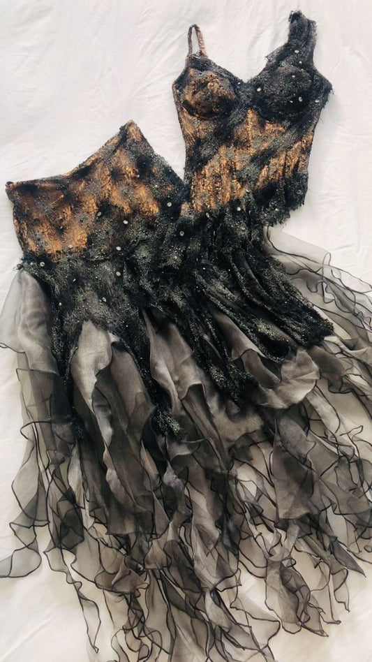 Robe de soirée longue en mousseline de soie et tulle, style vintage, style rock, fantaisie, style corset, marron, noir, brillant, délicat, floral, perles, nv5349