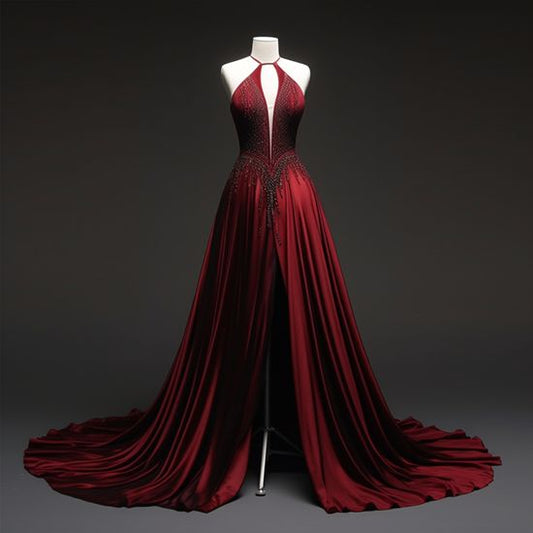 NiceVestidos-Burgunderrotes Satin-Neckholderkleid mit Perlenverzierungen und bodenlanger Schleppe NV6216