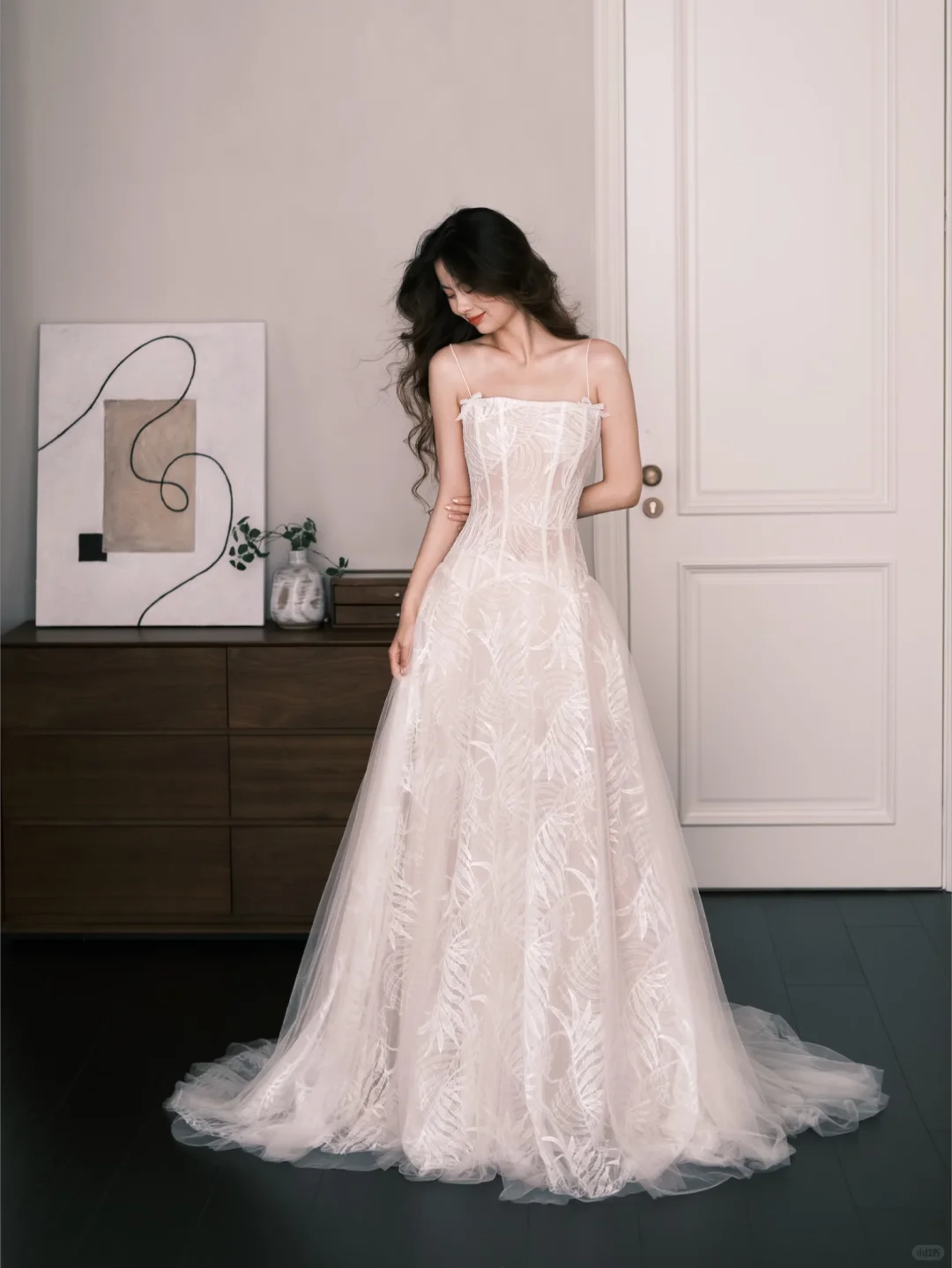 Square Neck Spaghetti Strap Embroidery A Line Wedding Dress Bridal Gown  NV7271