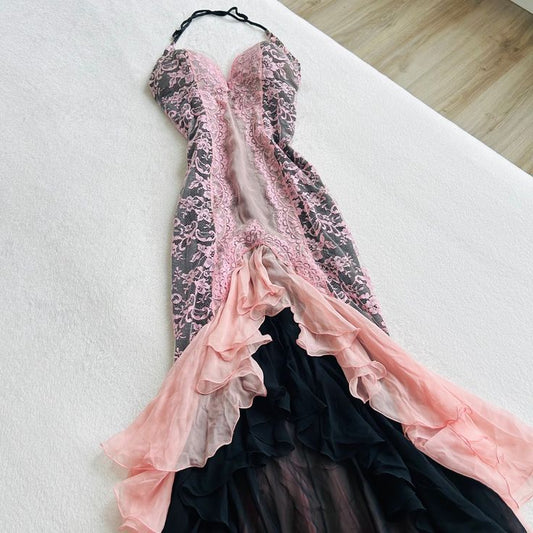 Pink Fashion Suspender Exquisite Lace Long Ruffled Ball Gown Evening Dress Party Dress nv3420