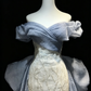 Dusty Blue Off Shoulder Mermaid Evening Gown Sequin Lace Embroidery Oversized Bow Long Train Formal Prom Dress  NV6996
