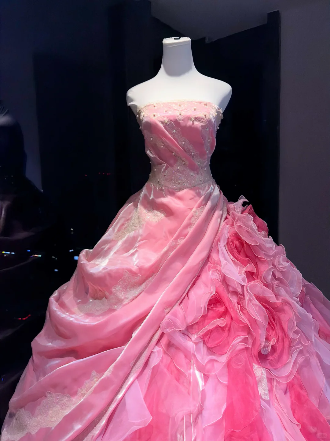 Hot Pink Ombre Strapless Ball Gown Beaded Lace 3D Rose Ruffle Tulle Prom Dress  NV6951