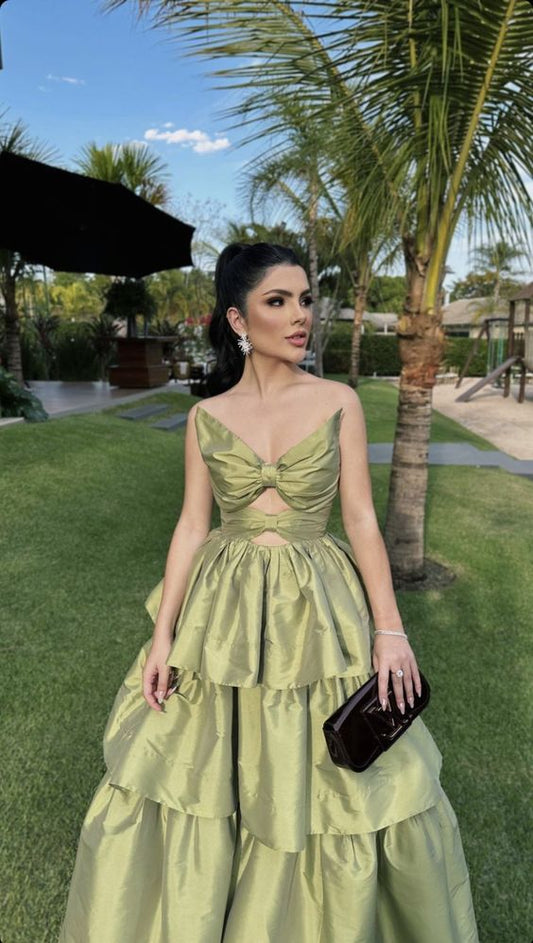 Green Elegant Cute A-line Off-shoulder Multi-layered Backless Evening Dress Ball Gown Party Dress nv2378