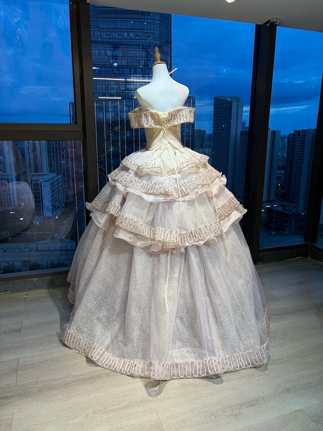Off Shoulder Light Champagne Ball Gown Hand Beaded Rhinestone Tiered Glitter Tulle Prom Dress  NV7037