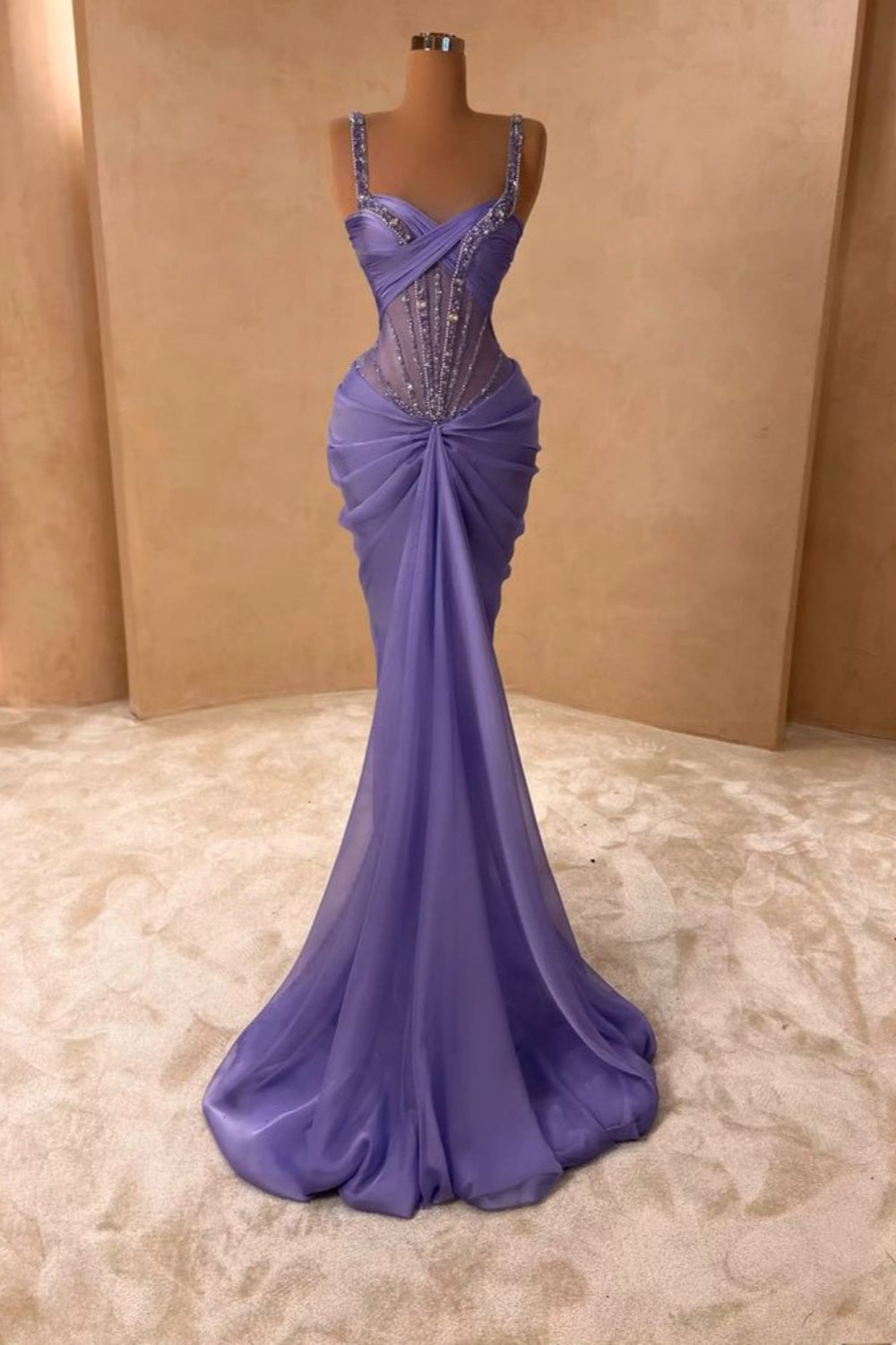 NiceVestidos-Lila Zartes Perlenbesetztes Langes Tüll-Satin-Abendkleid NV6140