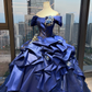 Off Shoulder Royal Blue Ball Gown Puff Sleeve Beaded Embroidery 3D Flower Satin Ruffle Prom Dress  NV7039
