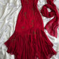 Classic red long tulle ball gown evening dress with irregular spaghetti straps and ruffles nv2764