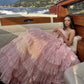 Pink Fashion Elegant Strapless Off-the-shoulder Long Layered Lace Ball Gown Evening Gown Party Dress nv3323