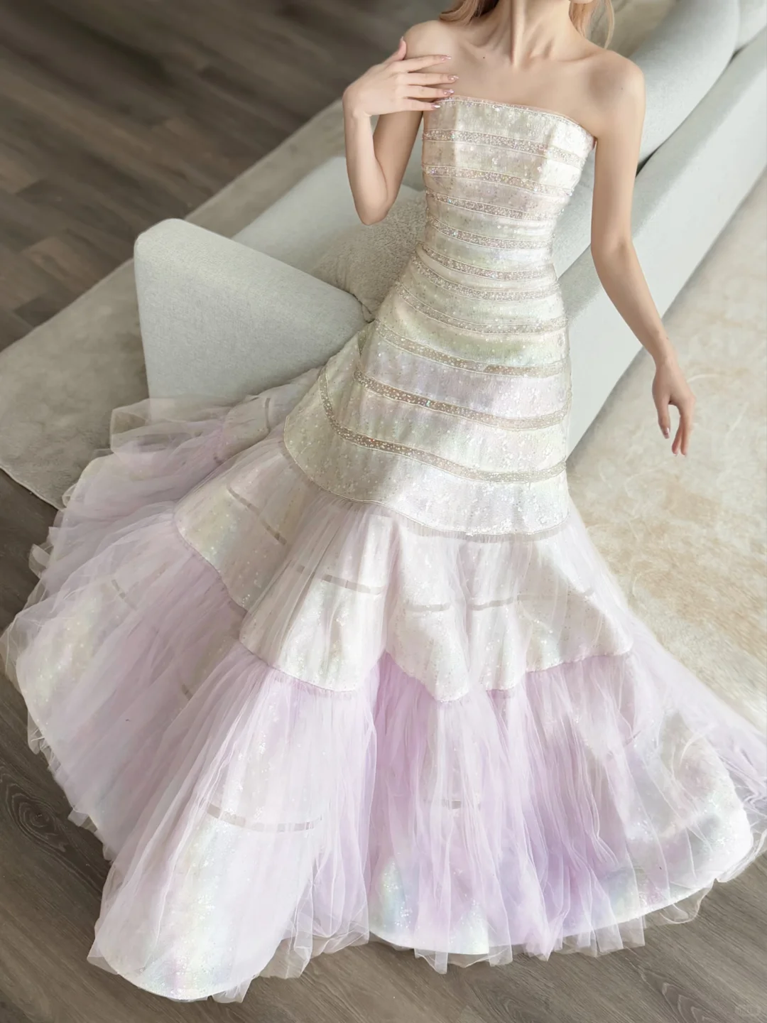 Pink Ombre Strapless Tiered Sequin Tulle Ball Gown Prom Dress  NV7138
