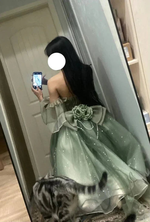 Robe de soirée courte en tulle à fleurs, verte, épaules dénudées, coupe trapèze, mini robe d'anniversaire, robe de bal, nv4172