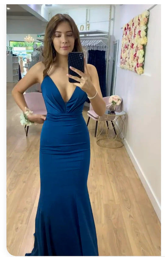 Blue simple and elegant A-line V-neck mermaid long prom dress evening dress party dress nv2438