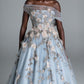 Nebelblaues Garten-Abendkleid mit schulterfreiem 3D-Blumenmuster NV6565