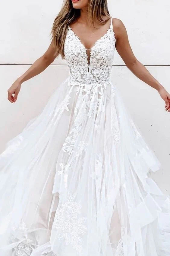 White Spaghetti Strap A-Line Lace Long Tulle Ball Gown Evening Gown Wedding Dress nv3477