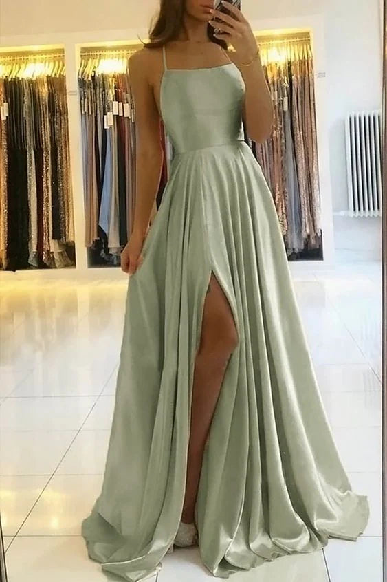 Salbeigrünes langes Ballkleid mit Trägern und Schlitz vorne, nv1550
