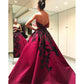 Burgundy Gorgeous Exquisite Floral Applique Long Satin Ball Gown Evening Dress nv3369