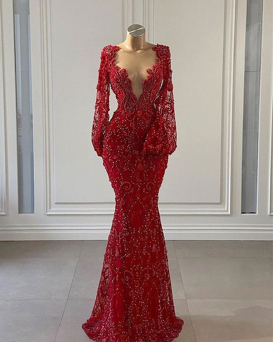 Red Gorgeous Exquisite Beaded Lace V-neck Long Sleeves Mermaid Ball Gown Evening Gown Party Dress nv3473