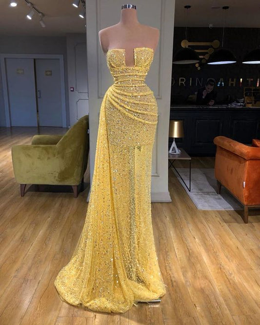 Yellow luxury shiny elegant long sequined ball gown evening dress party dress nv3478