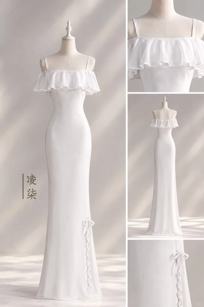 White Off Shoulder Chiffon Ruffle Mermaid Prom Dress, Spaghetti Strap Side Slit Evening Gown  NV7444